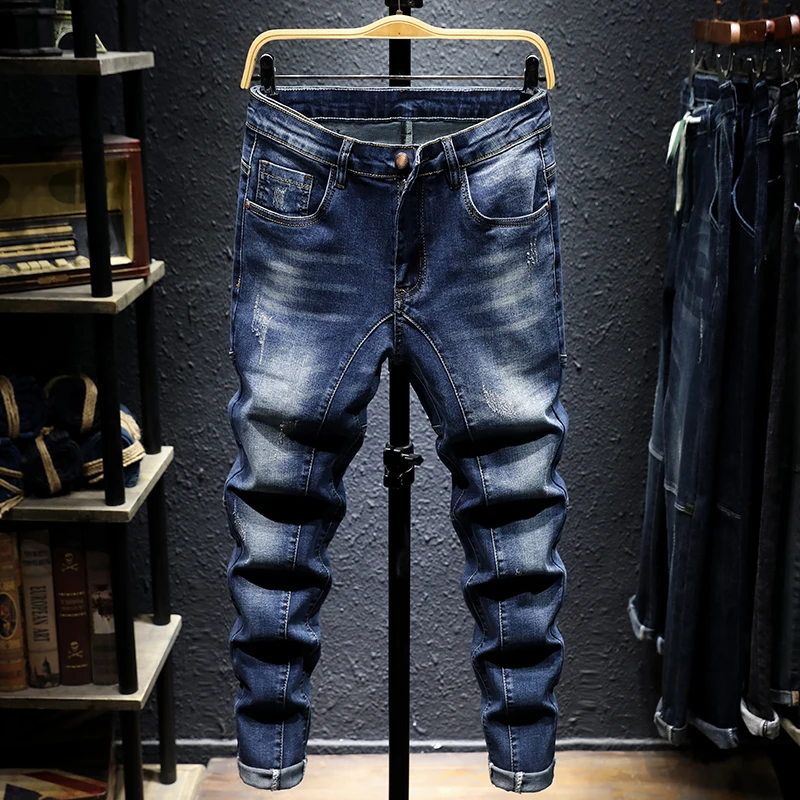 

New custom man's pants slim-fit stacked denim pants stretchy mid waist men fashion jeans with 5 pocket