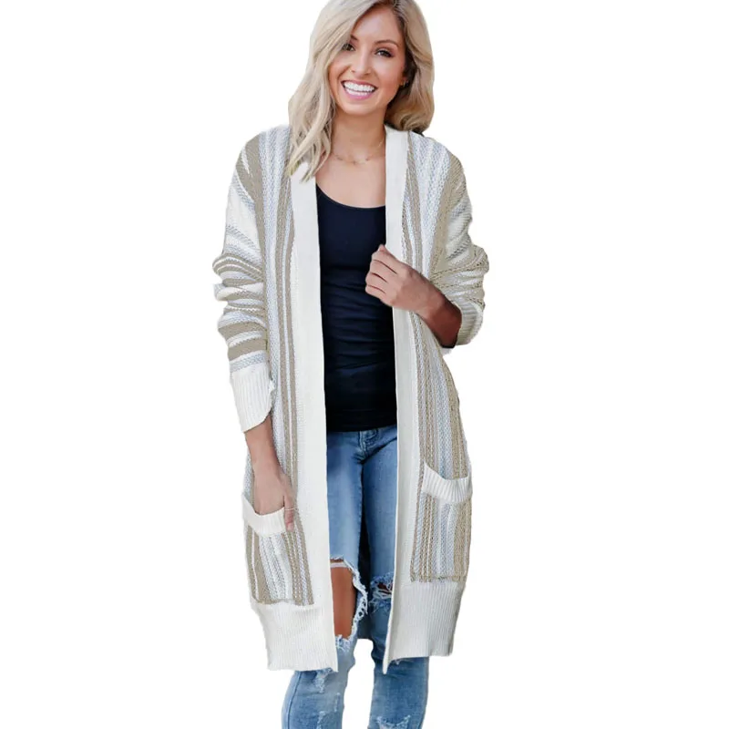 

New Design Custom Khaki Pocketed Cotton Blend Ladies Long Sweater Cardigan