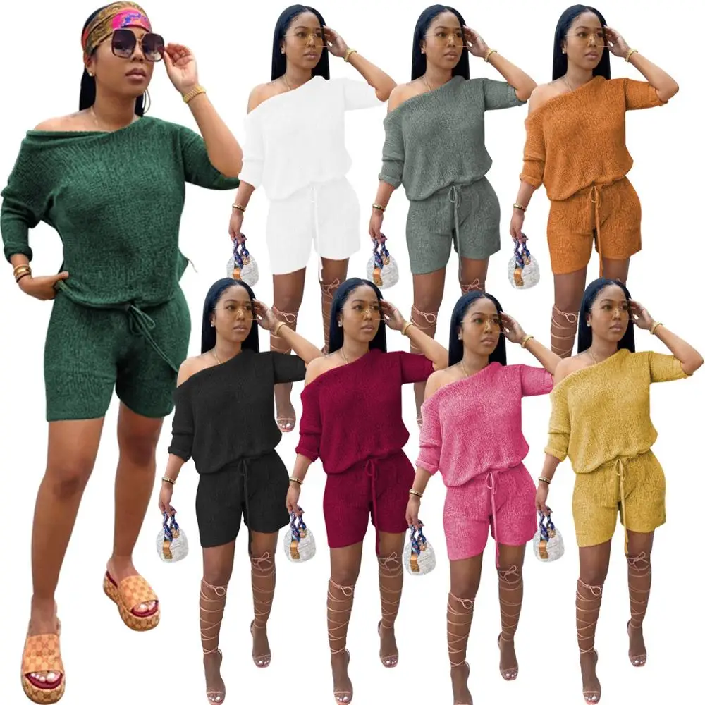 

2020 Fall Fashion Casual Slant Long Sleeve Top And Shorts Two Piece Set Women Clothing