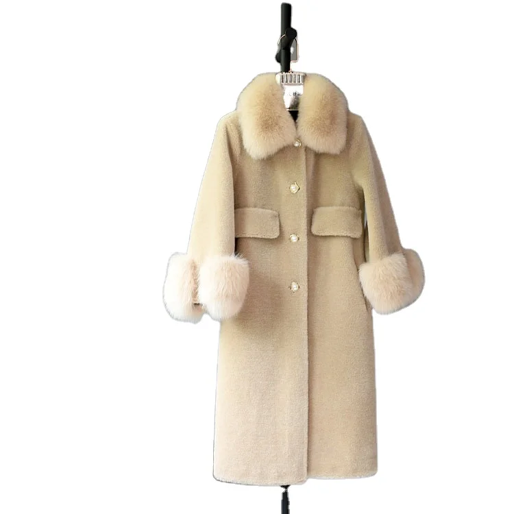 

Winter Genuine Fleece Sheepskin Coat Female Casual Warm Long Outerwear Wool Coat Fur collar Shearling Jacket Women