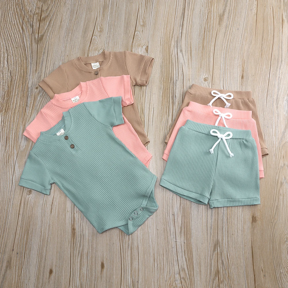 

New Born Baby Clothes Infant Ribbed Organic Cotton Babys Romper Set Drawstrings Baby Clothing Sets Shorts, As picture