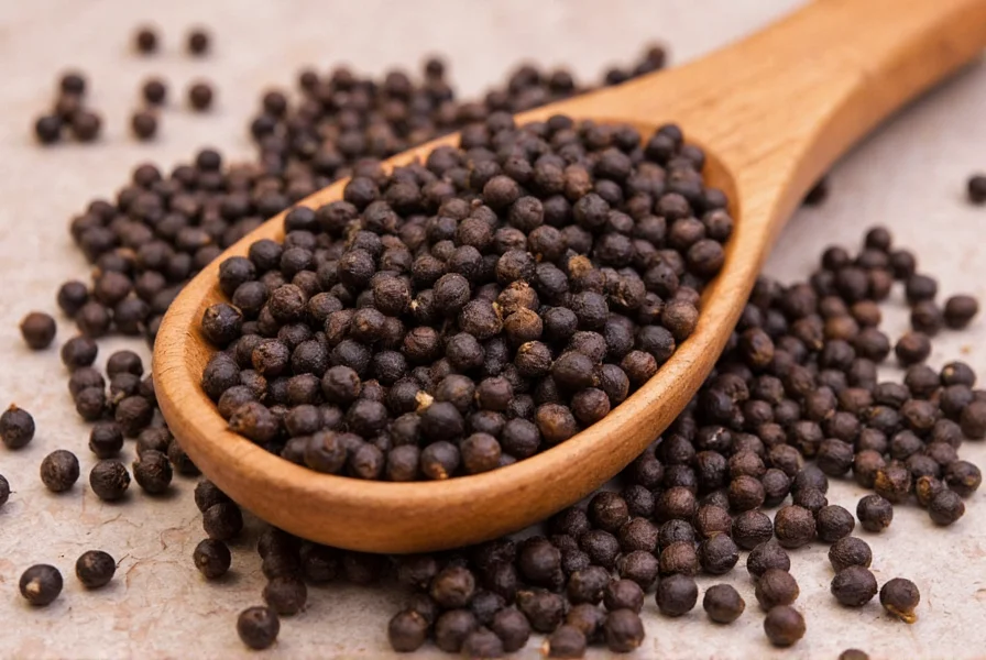 Close-up photograph of black peppercorns next to freshly cracked pepper on wooden cutting board