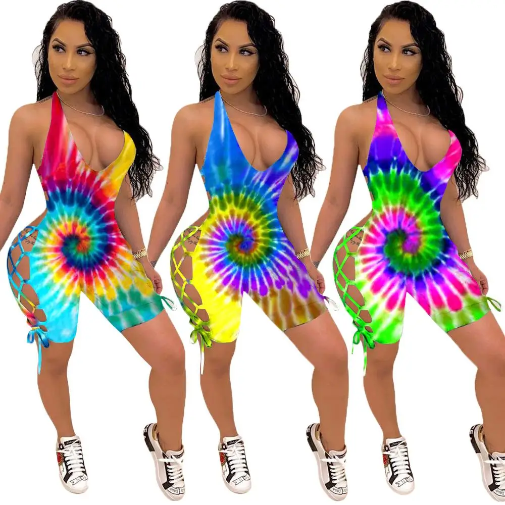 

Women Personality Tie Dye Print Sleeveless Halter Backless Bandage Short Jumpsuit, Picture