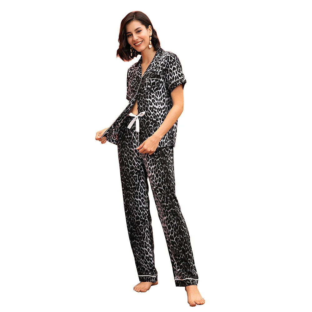 

Leopard printed western wear nightsuit pyjamas ladies sexy front open button nighty fancy cute pajamas set for girls women, Silver leopard