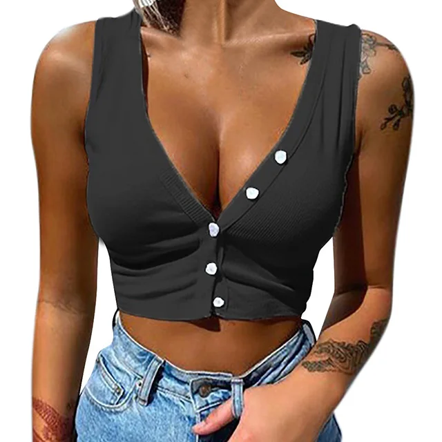 

2021 Summer New Arrivals Ladies Clothes Fashionable Sexy Charming Skinny V Neck Buttoned Tank Tops For Women, Black,red,pink,white,sky blue