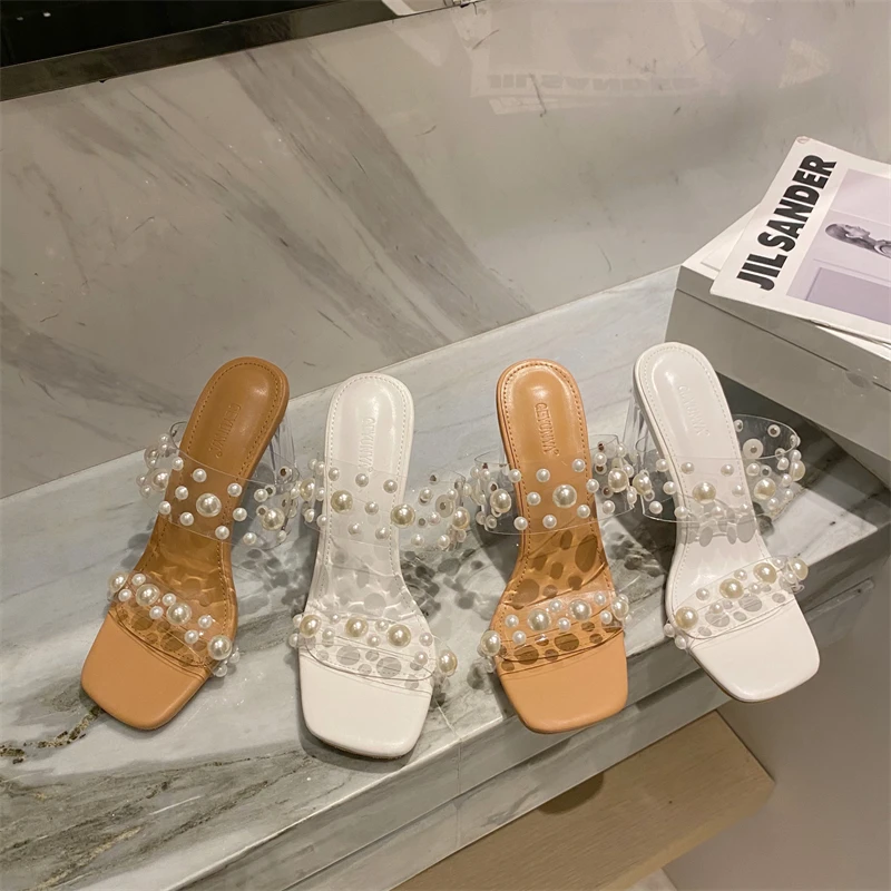 

JM801-9 New Sexy Fashion Ladies Square Open Toe PVC Clear Block Heel Sandals, White beige