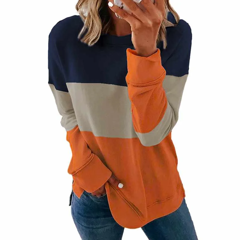 

Wholesale Color Block Contrast Stitching Crew Neck Women Sweatshirt With Slits, Accept customized color block sweatshirts women