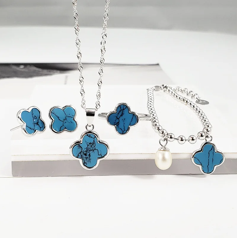 

Wholesale New 925 Sterling Pure Silver Earrings Bracelet Women Fashion Stone Jewelry Set, Turquoise, black agate