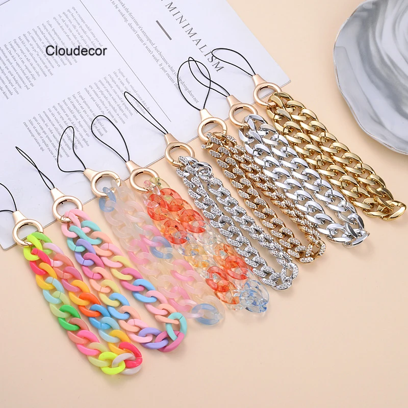 Gold Acrylic Phone Chain DIY Silver Mobile Phone Chain Anti Loss Transparent AB Color Colorful Cell Phone Pendant Lanyard Strap