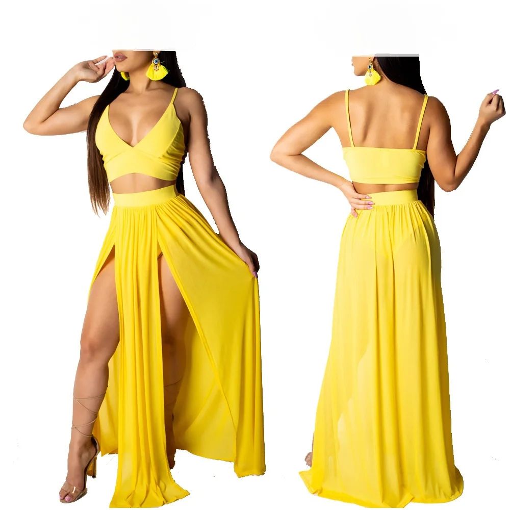 

High Quality New Design two pieces Dress Women Set Solid Spaghetti Strap High Splice Summer Beach Outfits Solid color skirt