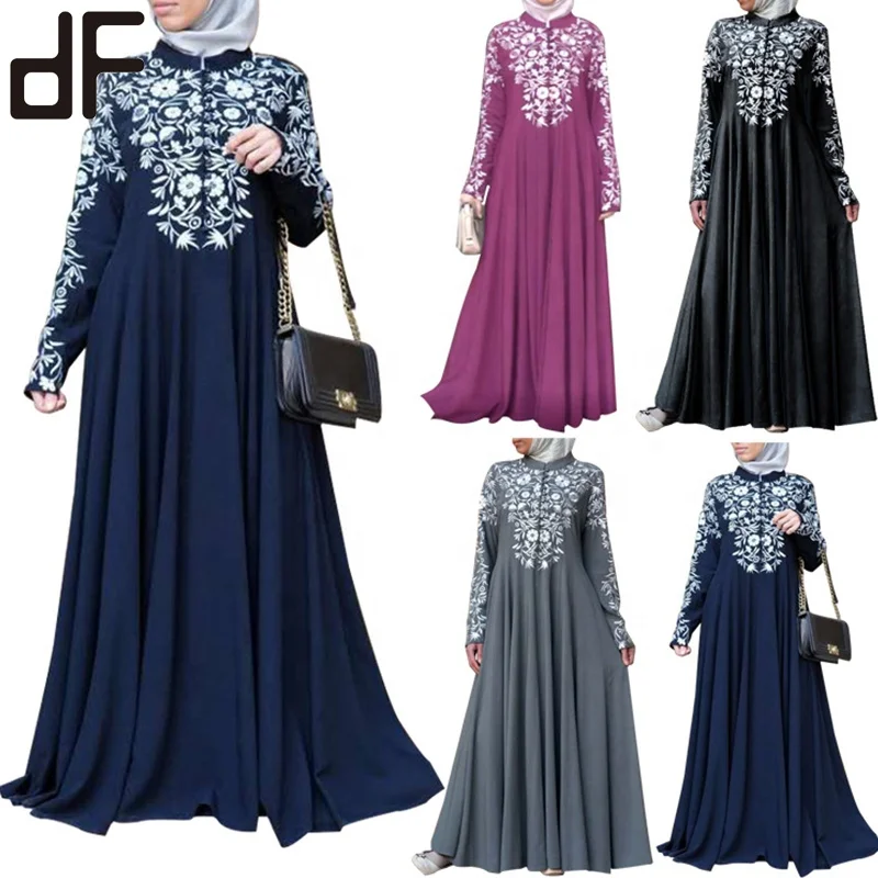 

plus size stand collar front chest button printed modest muslim women dress islamic abaya clothing abaya without scarf wholesale, Black,navy,grey,rose red