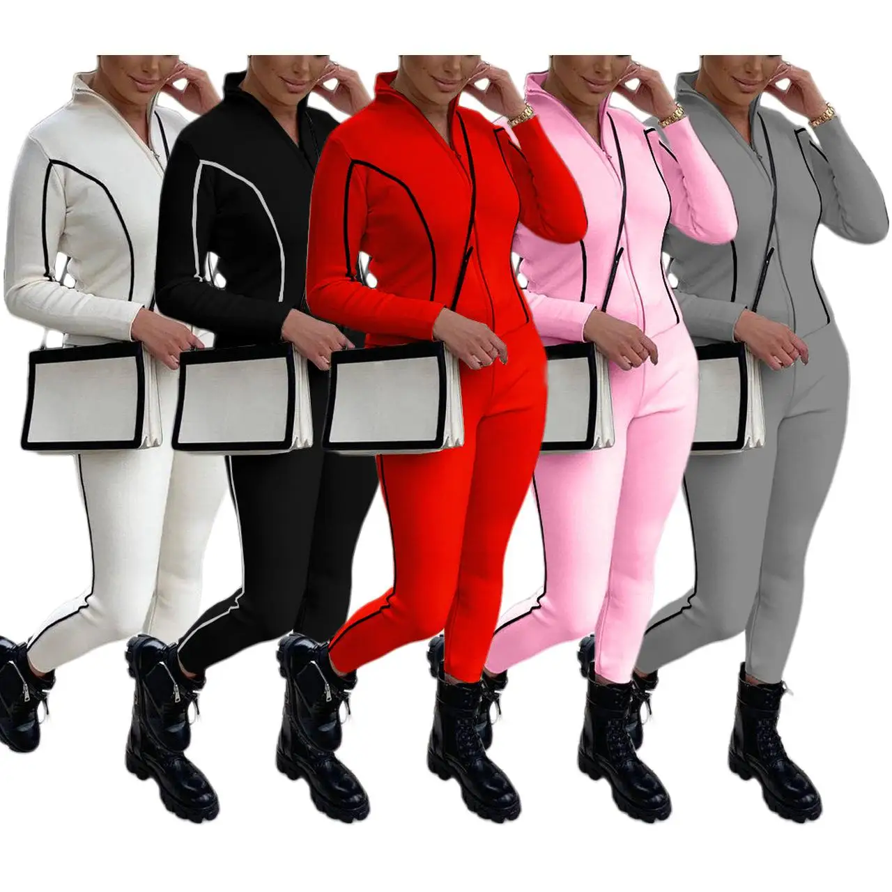 

S2269D women Fashion Outfit long sleeve tops and pants Two Piece set contrast color clothes