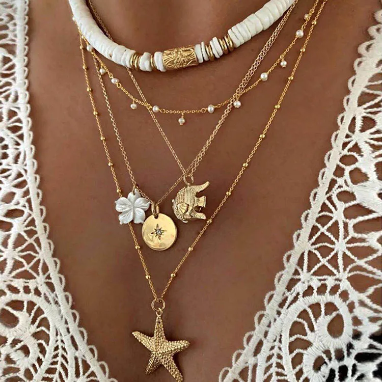 

Ethnic multilayer elephant flower starfish initial chain necklace jewelry