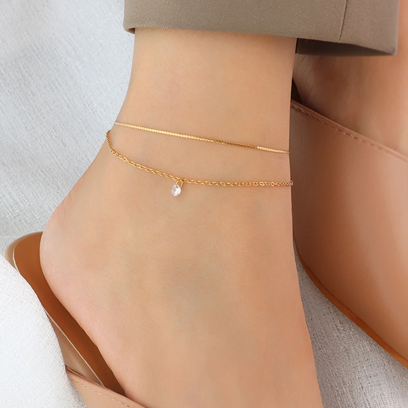 

Tarnish Free Ladies 18K Gold Plated Stainless Steel Double Layer Chain Charm Zircon Anklets Jewelry for Women