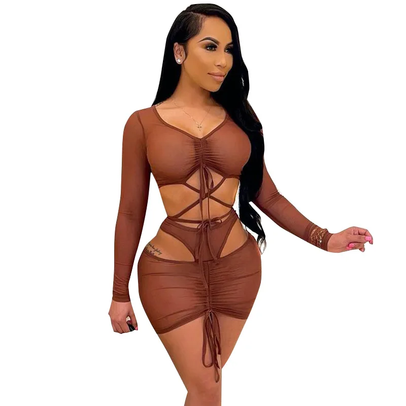 

2021 summer sexy women's nightclub style mesh perspective long sleeve fashion dress bandage bodycon dress short dress