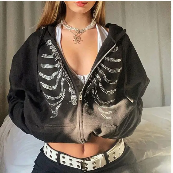 

Rhinestone Skeleton Zip Up Over sized Sweatshirts 2021 Summer Goth Hoodies Women Grunge Hooded Jacket Street wear Retro Clothe