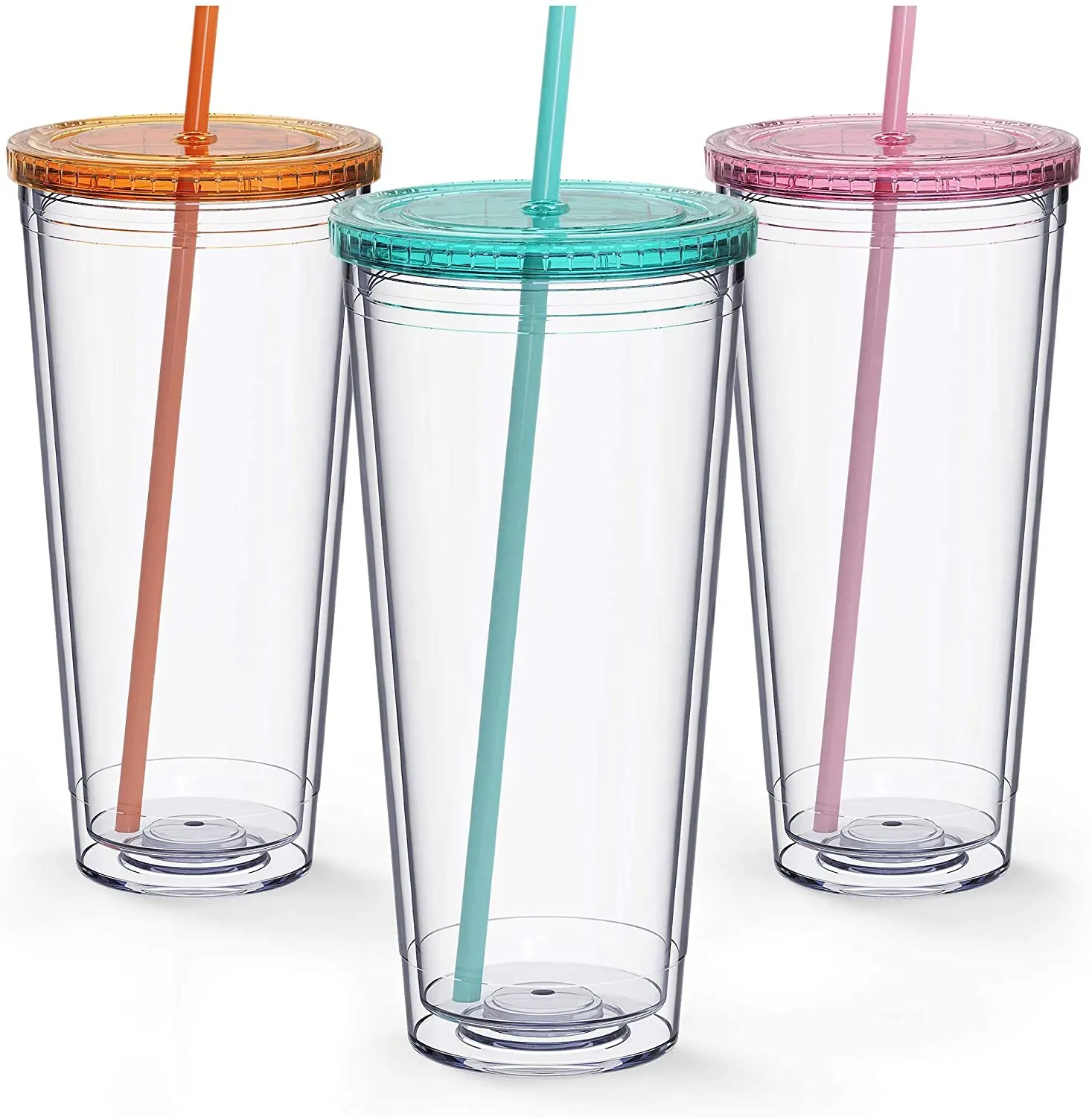 

3 Pack Insulated Travel 32 oz Double Wall Clear Reusable Plastic Cup Acrylic Tumblers with Straw