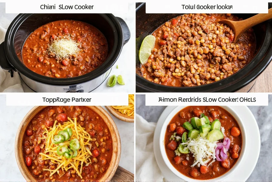 Healthy slow cooker chili recipe variations with different toppings and serving options