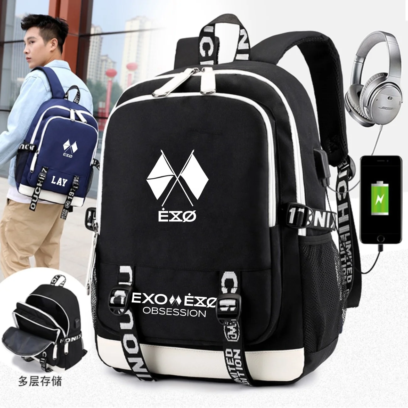 

Wholesale Kpop EXO Backpack Bag with USB Charging Tough Tear-Resistant Waterproof Large-Capacity Casual School Bags, Customized color