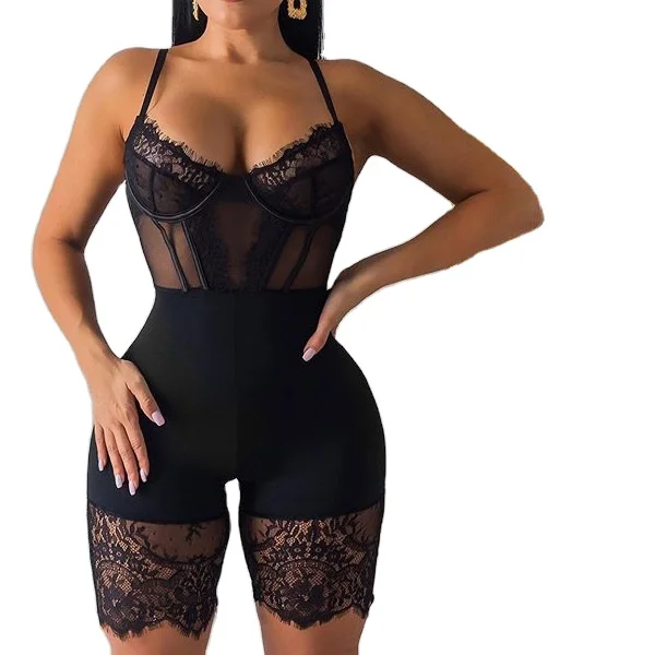 

Sexy condole belt low chest fluoroscopy jumpsuit, Black