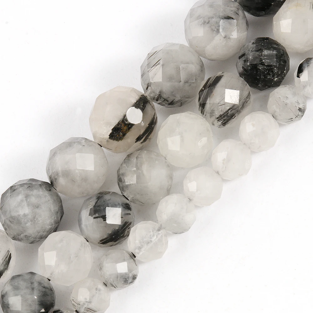 

Wholesale 6/8/10MM Smooth Natural Faceted Black Rutilated Quartz Stone Beads For Jewelry Making DIY