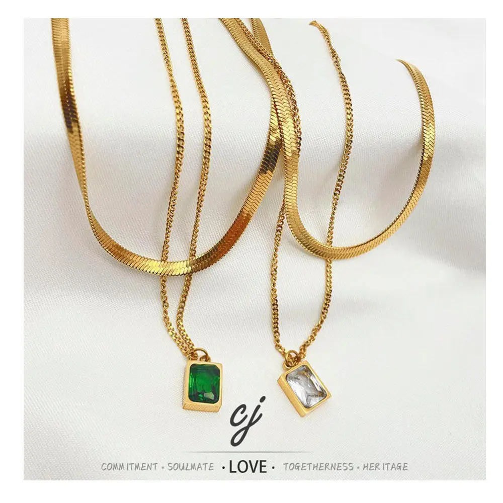 Carline Gold Plated Fashion Wholesale Stainless Steel Square Zircon Pendant Minimalist Design Necklaces for Women