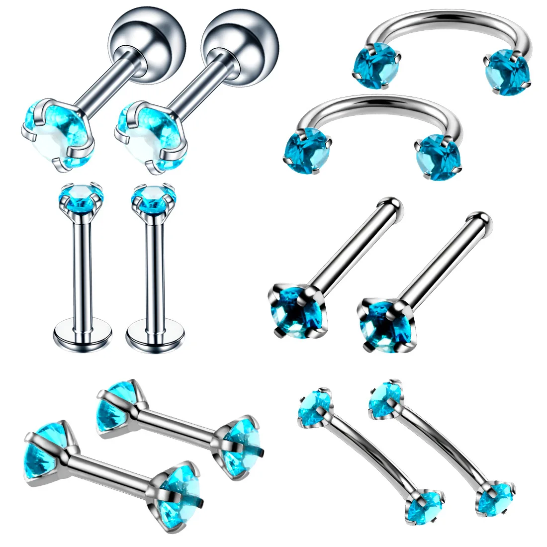 

New 12pcs/Set Blue White Cubic Zirconia Stainless Steel Ear Helix Nose Ring for Women Men CZ Stainless Steel Body Piercing Jewel, White/pink/blue