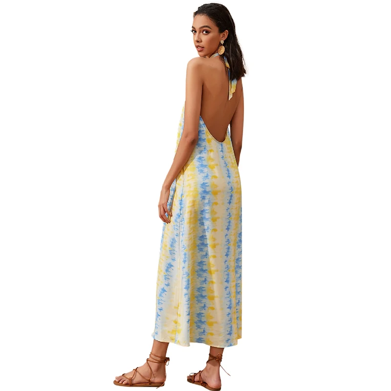 

Summer Seeveless Casual Summer Dresses Waist Slim Long Sexy Dresses Halter Neck Bodycon Dress, Multi