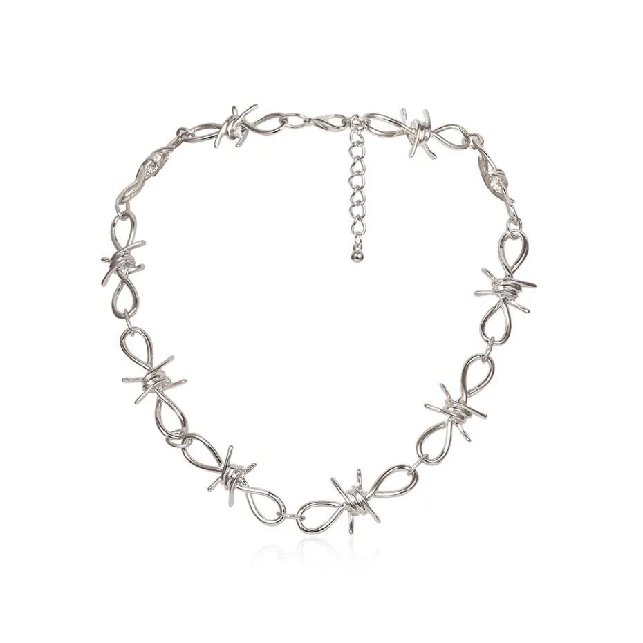 

Wholesale High Quality Gothic Barbed Wire Brambles Link Choker Necklace Chunky Thick Chain Necklace for Women, Silver color