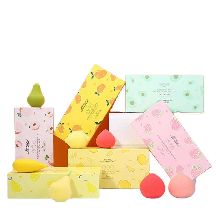 

New Design Custom Shape Beauty Fruit Puff Set Powder Puff Business Gift Super Soft Makeup Sponge Blender, Orange pink yellow blue or oem