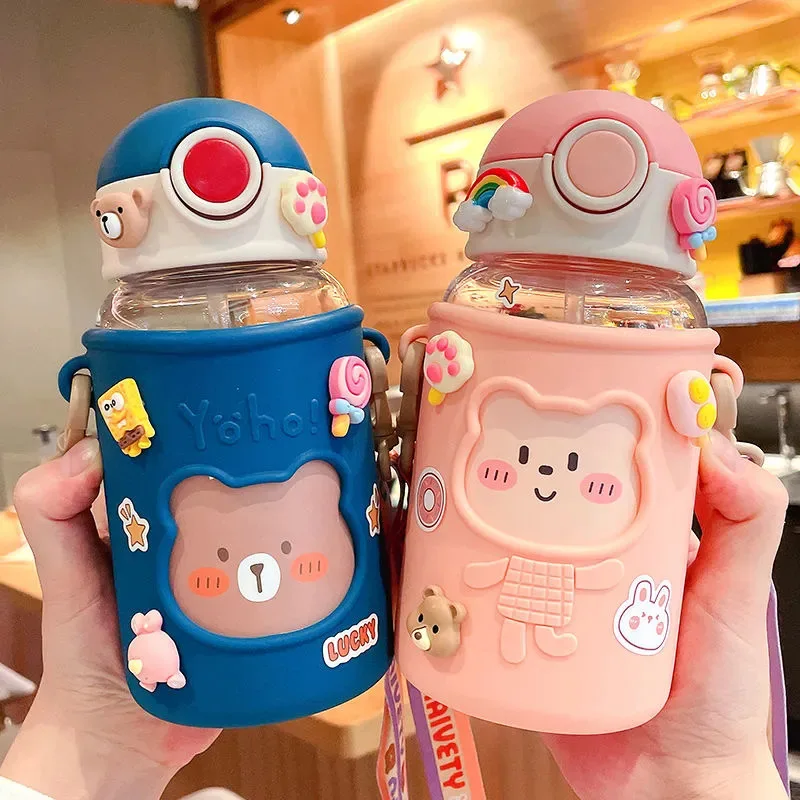 

Kawaii girls leakproof bpa free drinking cute bear cup sports reusable children kids school plastic water bottle with straw