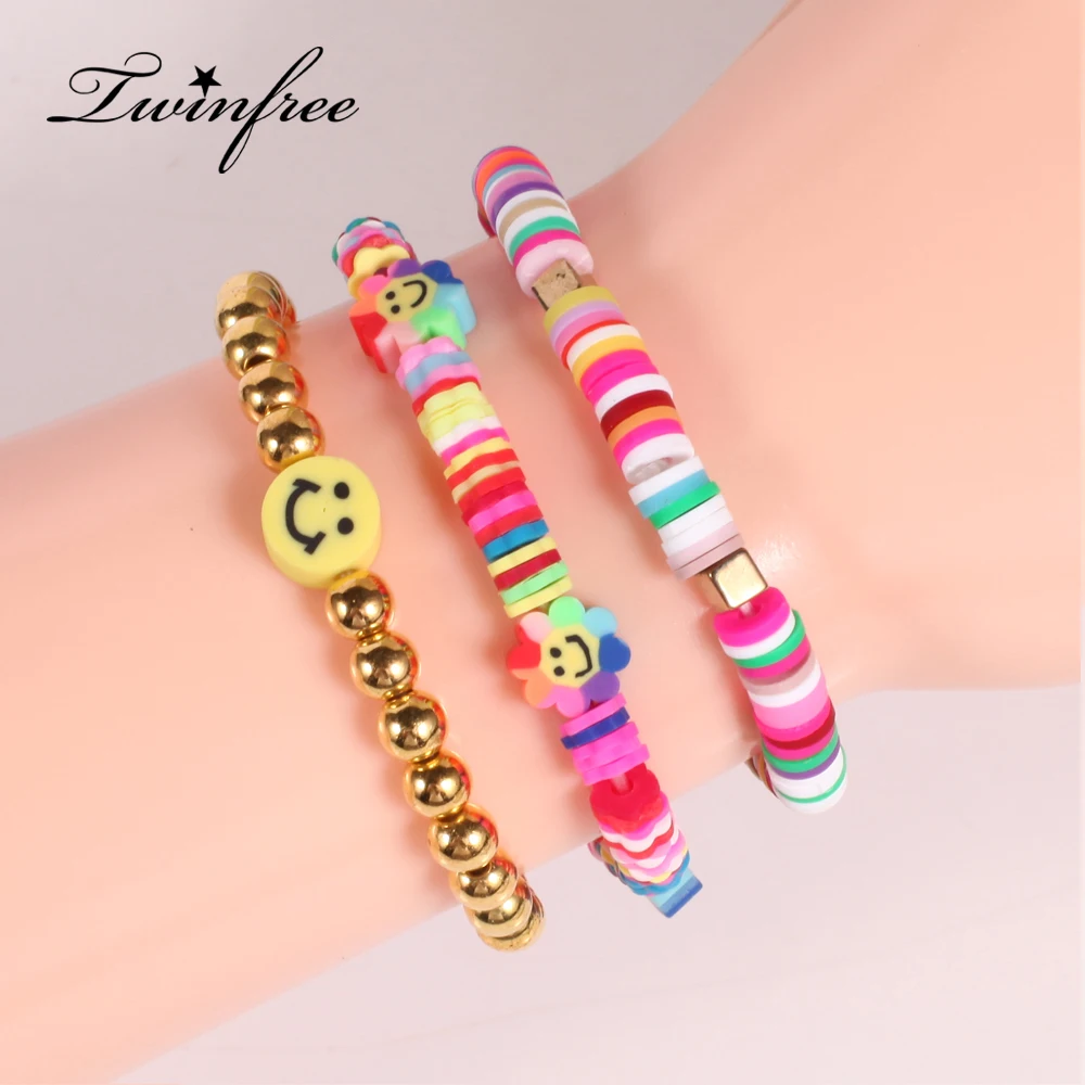 

3pcs/set New Gold Chain Bracelets for Gift Rainbow Colorful Geometric Round Clay Wristband Adjustable Bracelets, Colurful(mix colors)