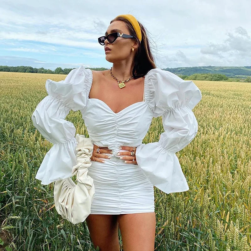 

DA12D125 2021 Summer Puff Long Sleeve Pleated Mini Dress Women