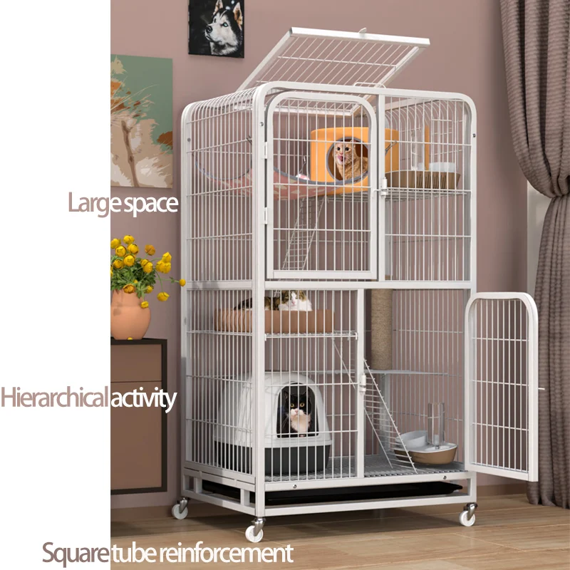 

cheap three-story residential pet habitat metal large stainless steel wire cat villa house cage, White,black,pink