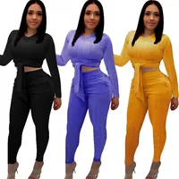 

wOMEN's O Neck SOLID Colour Two Piece Sets Full Sleeve Tops With trousers Bondage Bodycon Clubwear Autumn Outfit