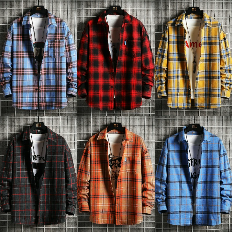 

Men's classic plaid shirt spring and summer long-sleeved plaid shirt brushed cotton flannel shirt