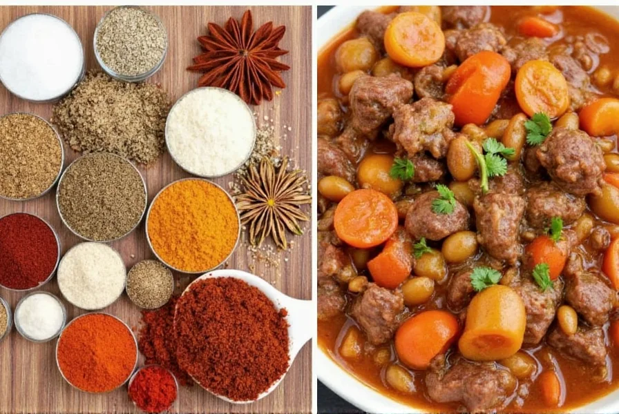Beef stew ingredients laid out including spices