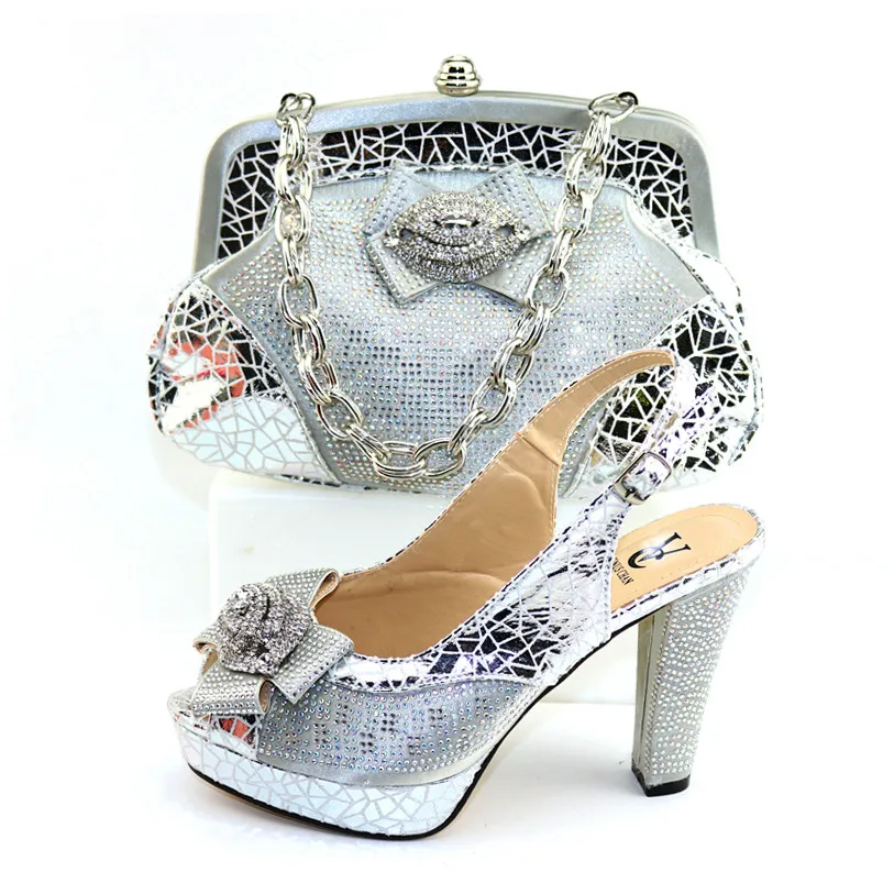

Sliver color Fashion design Top Quality big shoes with bag italian shoes with matching bags use for lady party wedding