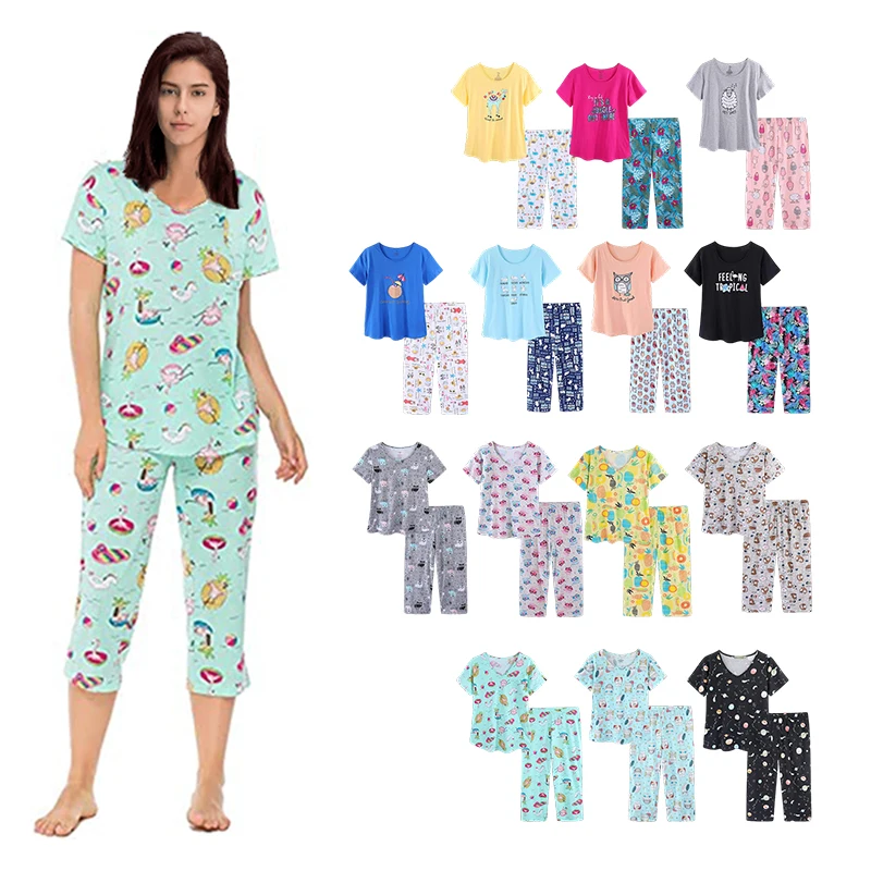 

Custom Private Label Amazon Hot Selling US size Plain Two Piece Set Capri Printed Cotton Pajamas Sleepwear