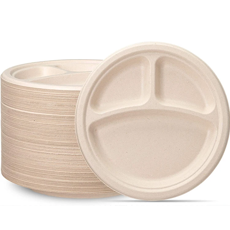 

100% Compostable Heavy-Duty Brown Unbleached Eco-Friendly Disposable Sugarcane Paper 9 Inch 3 Compartment Plates, White color,natural color