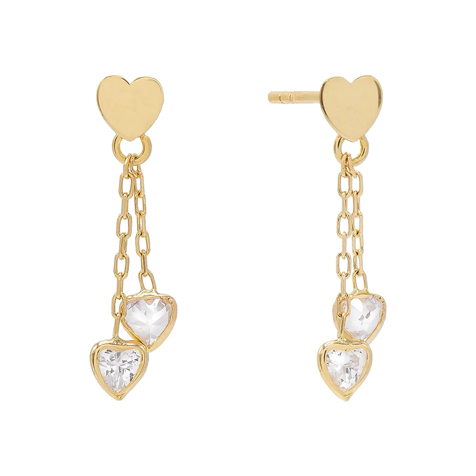 

hot selling women earrings jewelry 18k gold plated party earrings 925 sterling silver chain double heart drop earrings
