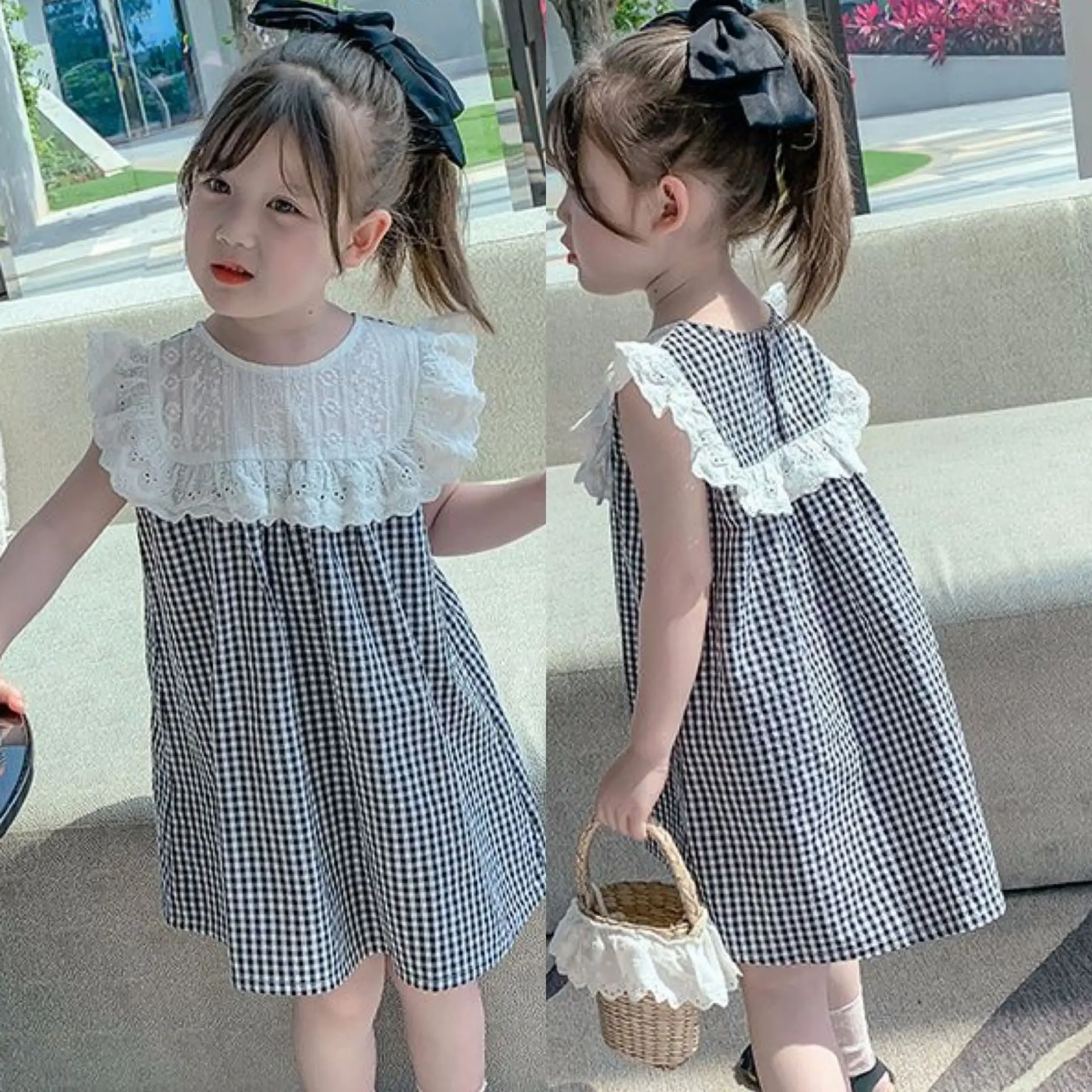 

2021 Summer Girls Lace Dress Sleeves Patchwork Plaid Kids Clothes Dress
