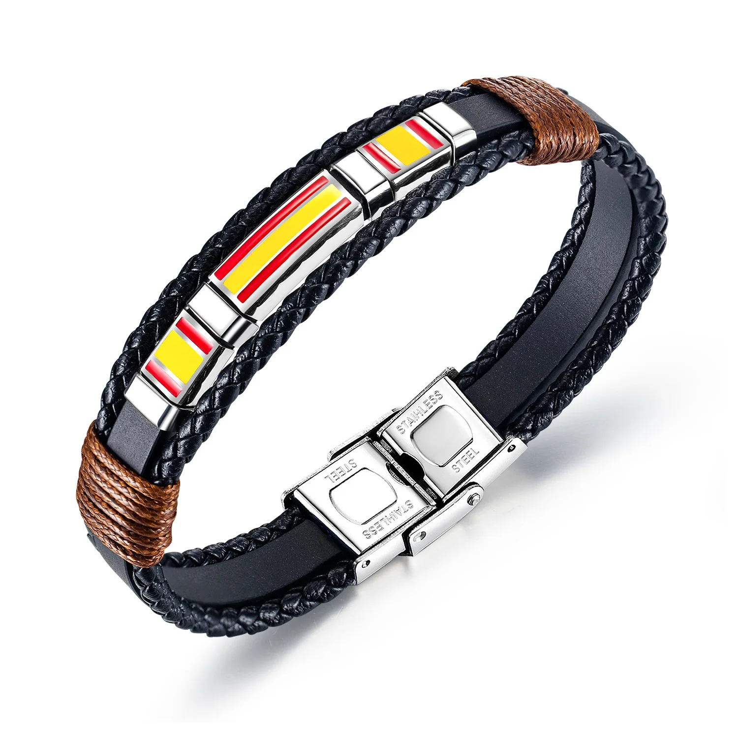 

Hot Selling Magnet Stainless Steel Rainbow Woven Leather Man Jewelry Bracelet