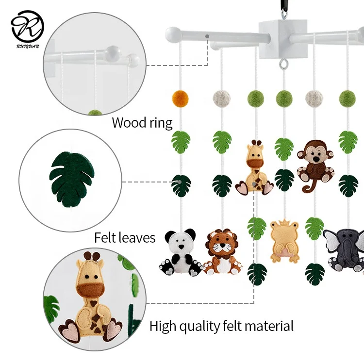 
Jungle Wildlife Zoo Animals Felt Baby Mobile Pure Handmade Mobile Crib Dolls Hanging Balls & Leaves Toys Children Gift 