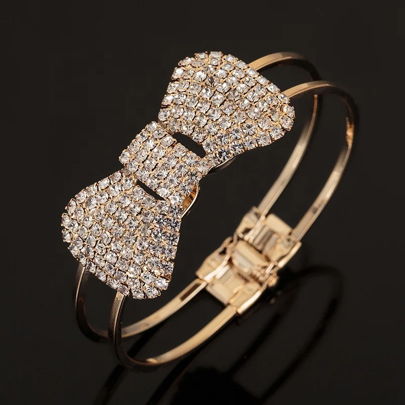 

Ziming Customized Designed Cute Big Bow Diamond Bracelet Half Chain Half Rhinestone Bracelet Cuff Bulk Sale, Multiple