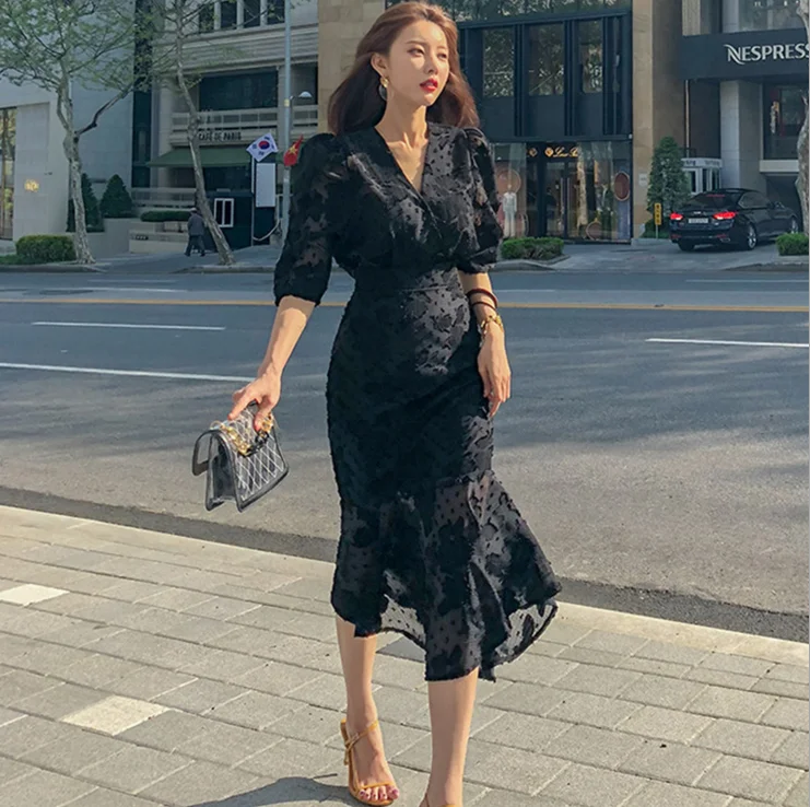 

2021 spring new Korean temperament V-neck false Two-piece Dress high waist slim mid-sleeve fishtail skirt Chiffon dress female