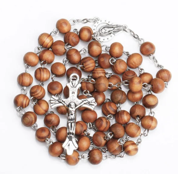 

KOMI 8mm Hot sell Islamic Chian 8mm Olive Wood Cross Jesus Christian Maria Necklace Prayer Beads wooden rosary