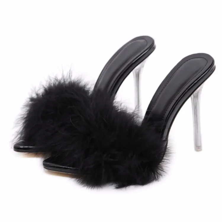 

Crystal Heel High heels furry sandals for women and ladies, Black, white, red, yellow