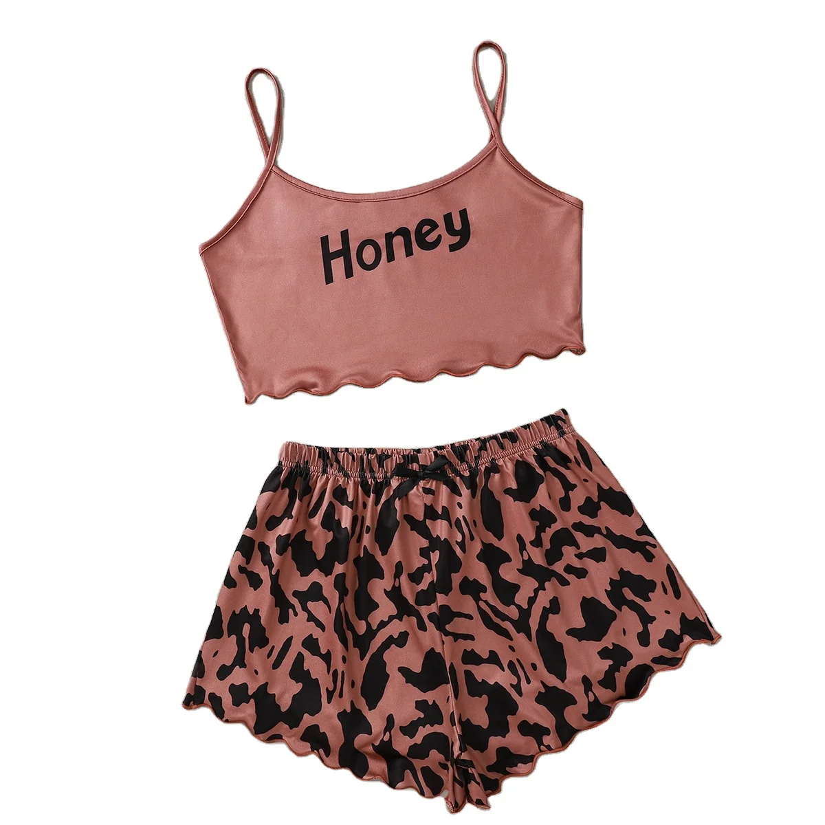 

New Honey letter print cami top and leopard print bow shorts sexy pajamas cotton sleepwear women two piece pajama set, Picture shows