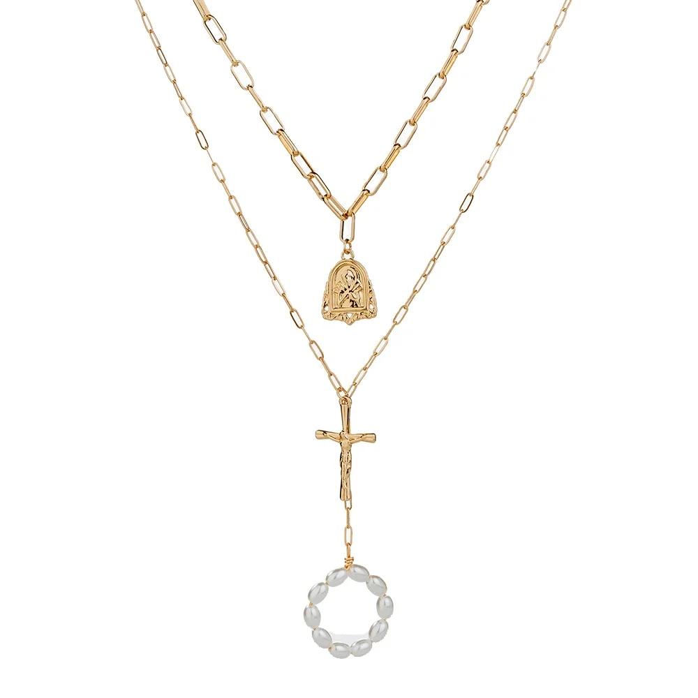 

2021 Gold retro Jesus Cross Plaid chain imitation pearl necklace for women